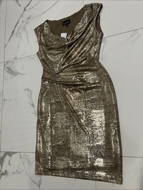 connected apparel Metallic Gold Cowl Neck Midi Dress